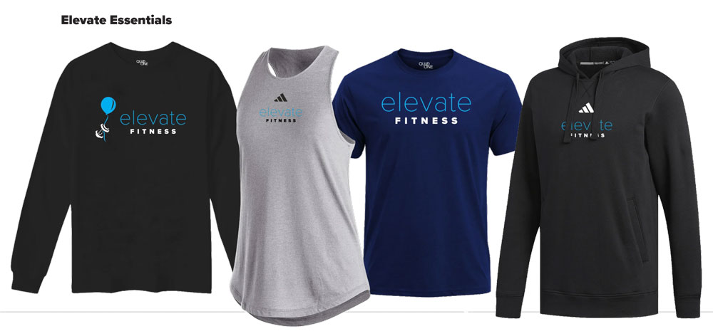 Elevate Essentials shirts. Four styles, including t-shirts, tanks, long-sleeves and hoodies — Elevate Fitness Overland Park apparel